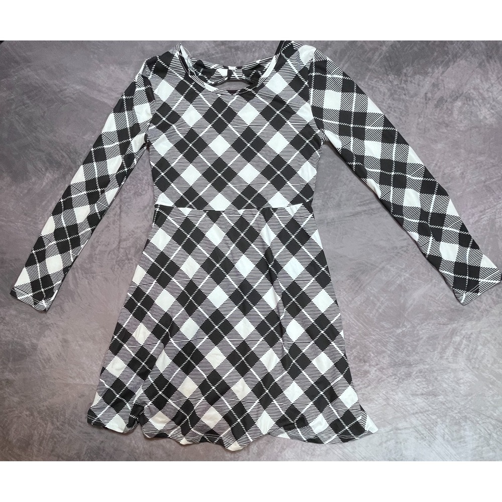 Btween A-Line Dress Girls 12 Light Blue Black Plaid Long Sleeve Bow Detail Back